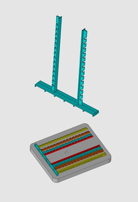 Projeto 3D do molde multicavidade desenvolvido pela Hexxia para converter a peça de metal em plástico técnico